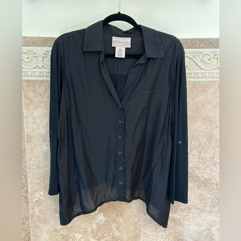 Philosophy black button down cotton/silk blouse size L